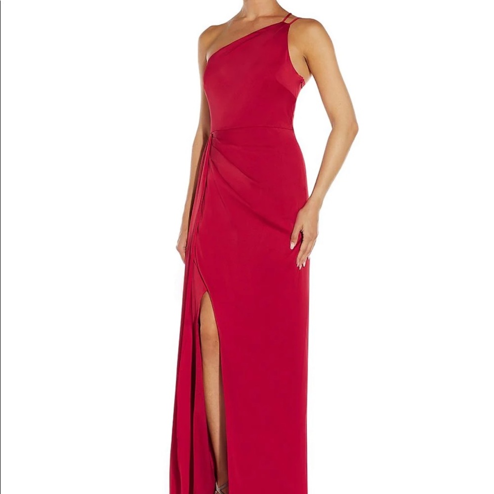 Aidan Aidan Mattox One Shoulder Satin Sleeveless Draped Thigh High Slit Gown